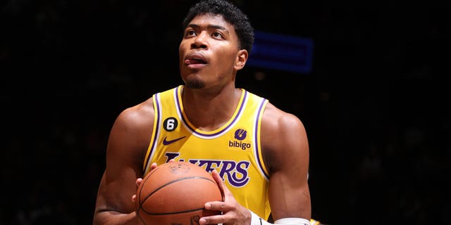 Rui Hachimura of the Los Angeles Lakers shoots a free throw during the game against the Brooklyn Nets on January 30, 2023 at Barclays Center in Brooklyn, New York.