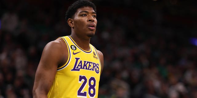 Rui Hachimura of the Los Angeles Lakers looks on during the first half against the Boston Celtics at TD Garden on January 28, 2023 in Boston, Massachusetts.