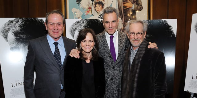 Field, flanked by Tommy Lee Jones, Daniel Day-Lewis and Steven Spielberg, was cast as Mary Todd in 2012's "Lincoln." 