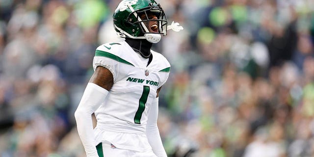 Sauce Gardner, #1 of the New York Jets, reacts during the second quarter against the Seattle Seahawks at Lumen Field on Jan. 1, 2023 in Seattle.