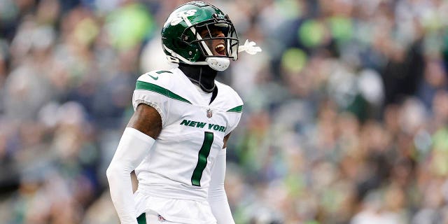 Sauce Gardner, #1 of the New York Jets, reacts during the second quarter against the Seattle Seahawks at Lumen Field on Jan. 1, 2023 in Seattle.