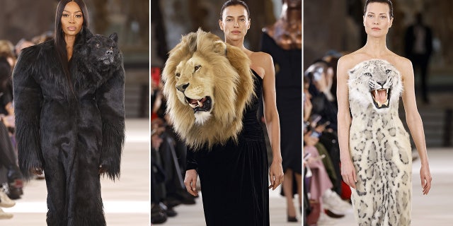 Models Naomi Campbell, Irina Shayk and Shalom Harlow modeled Schiaparelli looks, including a wolf, lion, and snow leopard, respectively.