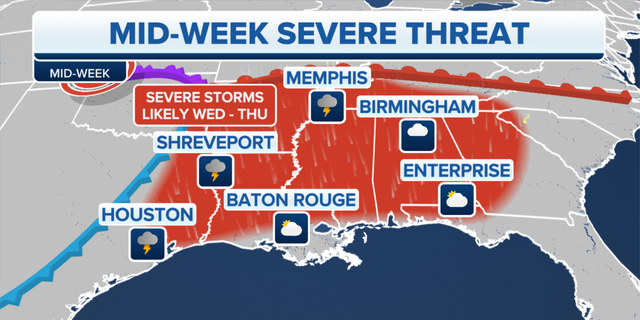 Areas of the U.S. facing a severe weather threat this week.