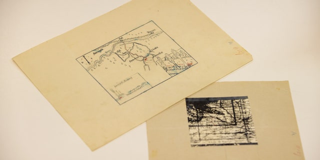Treasure maps to a possible Nazi treasure in Ommeren are displayed in the National Archives during the annual Open Access Day in Hague, Netherlands, Jan 3, 2023.
