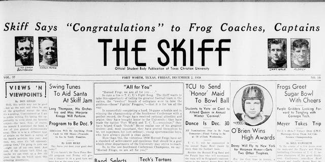 The university's newspaper, The Skiff, congratulated the frog football team on its successful 1938 season. 