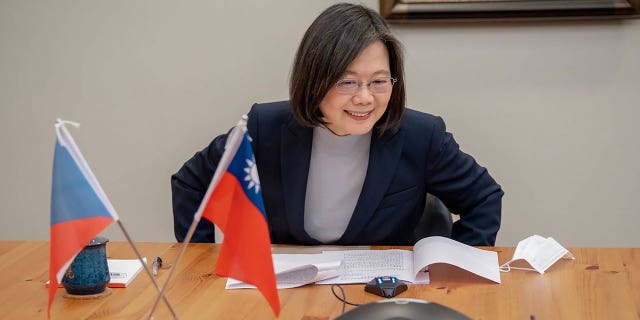 Taiwan's President Tsai Ing-wen speaks with the Czech Republic's President-elect Petr Pavel through the phone in Taipei, Taiwan, on Jan. 30, 2023.