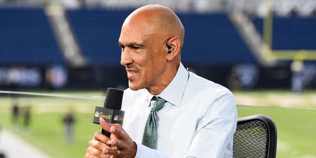 NBC Sports analyst Tony Dungy between the Jacksonville Jaguars and the Las Vegas Raiders at Tom Benson Hall of Fame Stadium on August 4, 2022 in Canton, Ohio Speech ahead of the 2022 Pro Football Hall of Fame class.