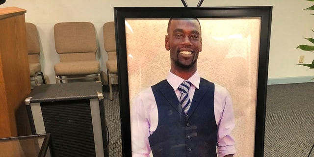 A portrait of Tyre Nichols is on display at a memorial service for him on Tuesday, January 17, 2023, in Memphis, Tennessee.  Nichols was killed during a traffic stop with Memphis police on January 7.  (AP Photo/Adrian Sainz)