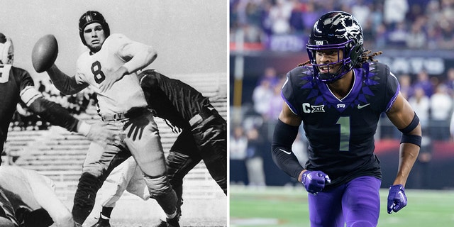 The TCU football uniform has transformed quite a bit from 1938 (shown on left) to 2022-2023 (shown on right). 