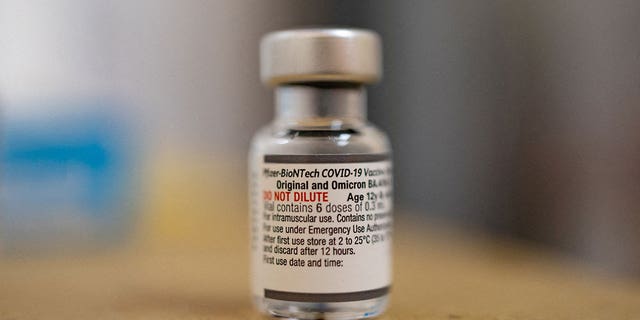 A vial of the Pfizer-BioNTech coronavirus disease booster vaccine is pictured in Schwenksville, Pennsylvania, on Sept. 8, 2022. 
