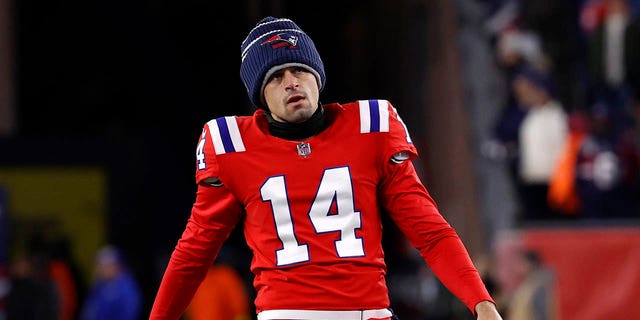New England Patriots kicker Tristan Vizcaino (14) is pictured before a game against the Buffalo Bills on December 1, 2022 at Gillette Stadium in Foxborough, Massachusetts.