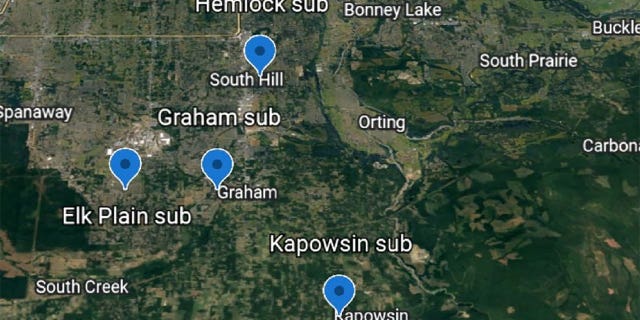 PSE provided the FBI a map showing the proximity of all four substations attacked on Dec. 25, 2022.