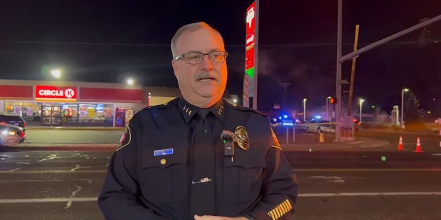 Yakima Police Chief Matt Murray briefed reporters outside the Circle K where three people were killed early Tuesday.