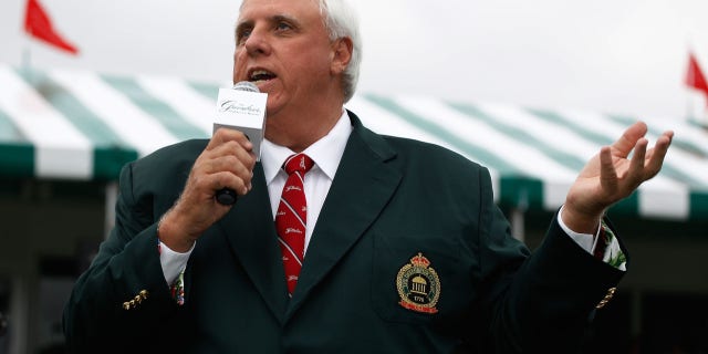 Jim Justice, owner of the Greenbrier Resort, speaks to the gallery after Stuart Appleby's victory at the Greenbrier Classic on Aug. 1, 2010 in White Sulphur Springs, West Virginia.