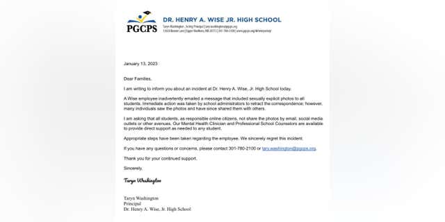 Dr. Henry A. Wise. Jr., High School Principal Taryn Washington sent a letter notifying parents of the incident involving the employee on Friday, Jan. 13, 2023.