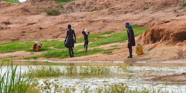 Children in the town of Terekeka, South Sudan, draw water on Oct. 4, 2017, from a stagnant pond that was once infected with Guinea worms.