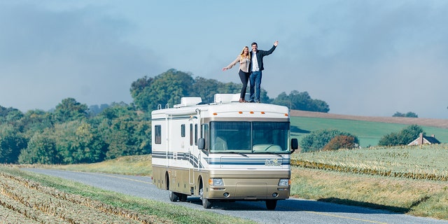 Hudson and Emily Crider, pictured here, set off from Lancaster, Pennsylvania, on their cross-country road trip in an RV they purchased via Craigslist and renovated to suit their needs.