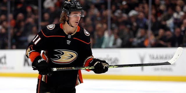 Trevor Zegras of the Anaheim Ducks during the second period of a game against the Chicago Blackhawks at Honda Center Nov. 12, 2022, in Anaheim, Calif. 