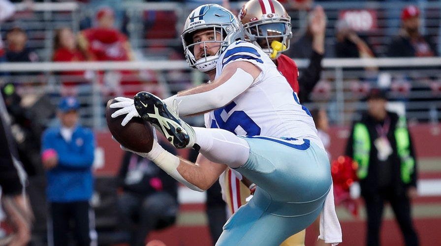Jan 22, 2023; Santa Clara, California, USA; Dallas Cowboys tight end Dalton Schultz (86) reacts after scoring a touchdown during the second quarter of a NFC divisional round game against the San Francisco 49ers at Levi's Stadium. Mandatory Credit: Kyle Terada-USA TODAY Sports