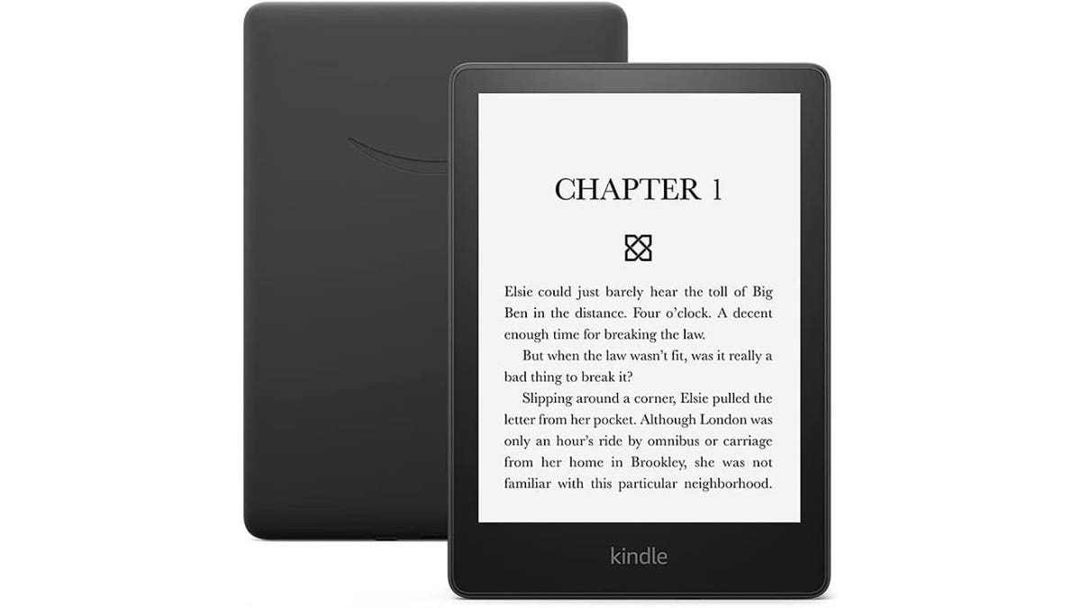 Photo of a black Amazon Kindle with a paper white screen.