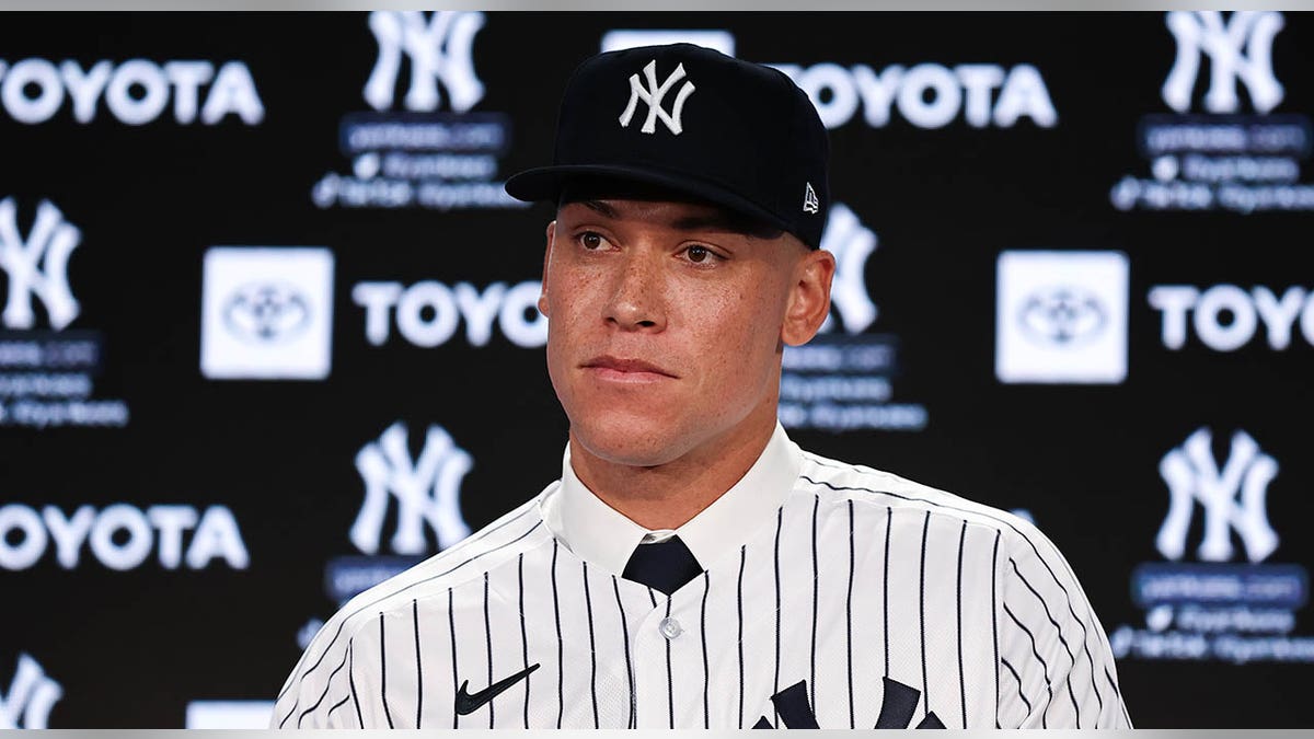 Aaron Judge, #99 of the New York Yankees, speaks to the media during a press conference at Yankee Stadium on Dec. 21, 2022 in Bronx, New York.