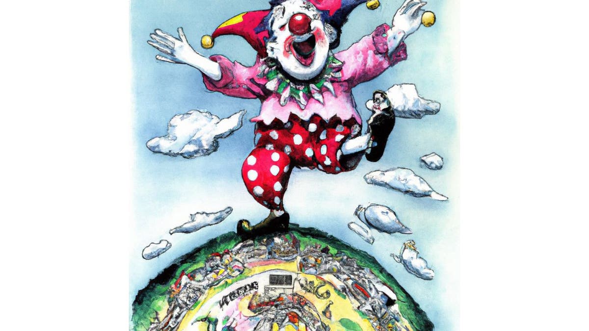 Clown dances on top of globe