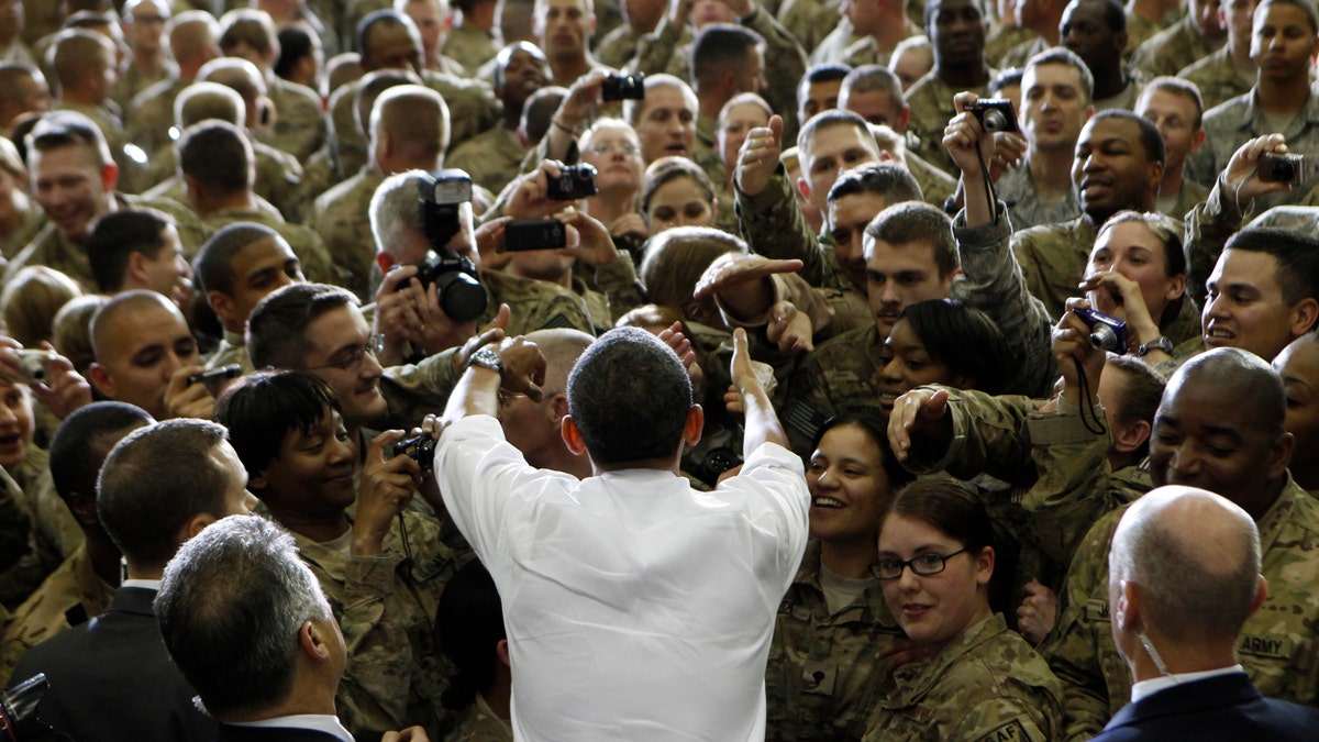 Obama greeting troops in Afghanistan in 2012