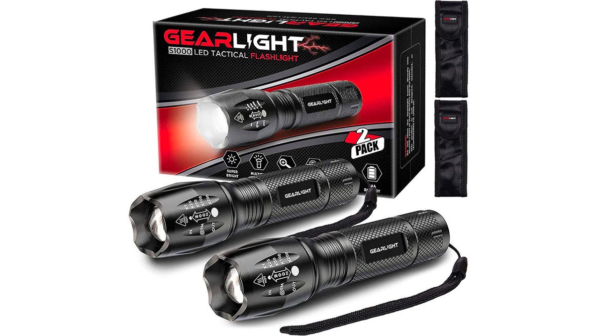 Two black tactical flashlights.