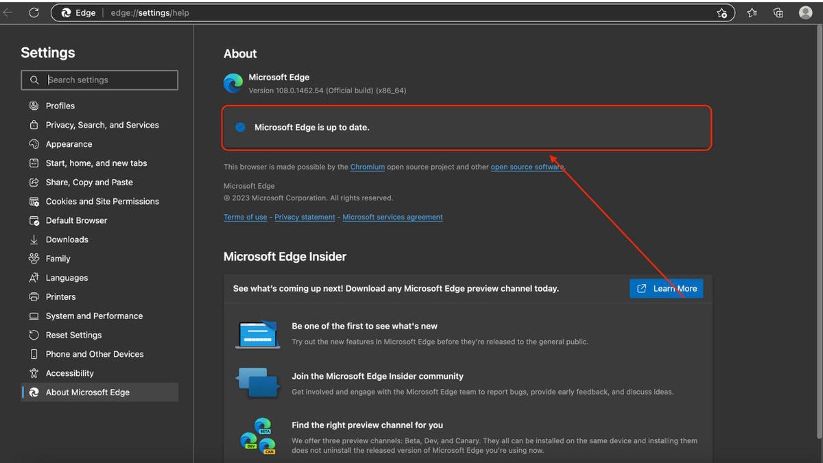 Screenshot of the Microsoft Edge settings screen.
