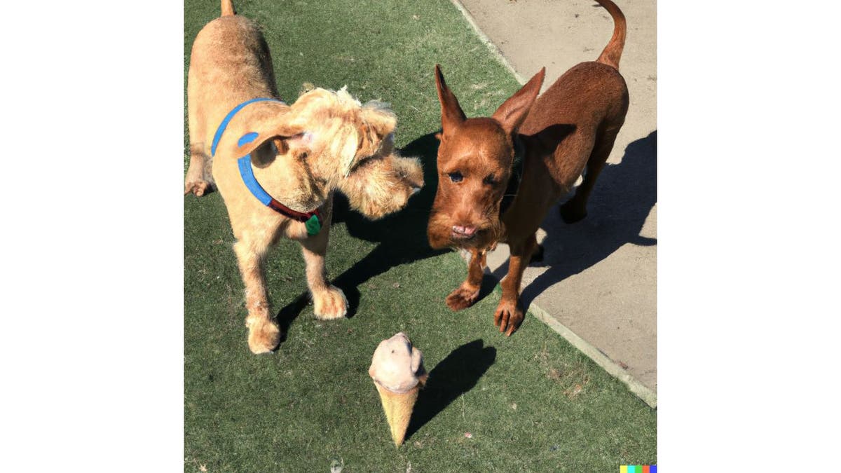 Two dogs stand in front of an ice cream cone