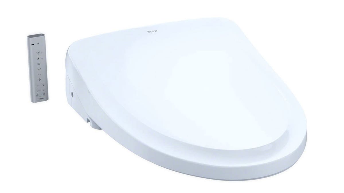 Photo of a white toilet seat and remote control.