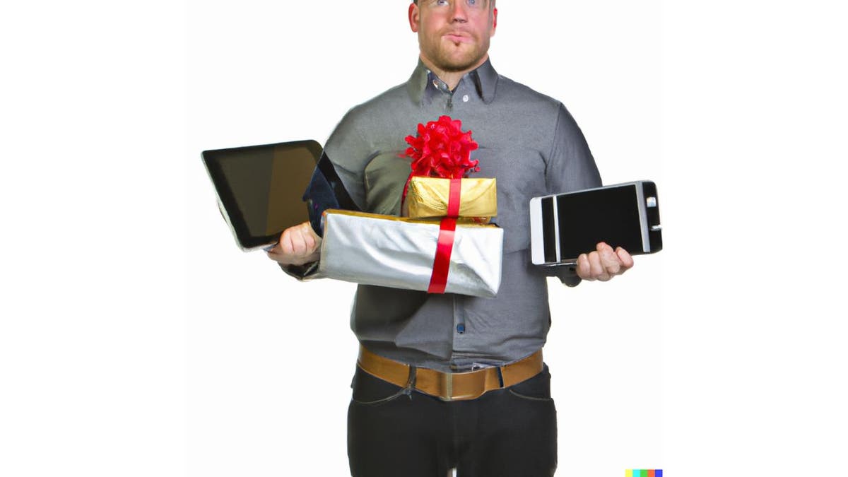 Man holds a compoter, iPad, and several gifts