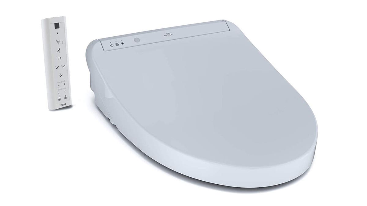 Photo of a grey toilet seat.