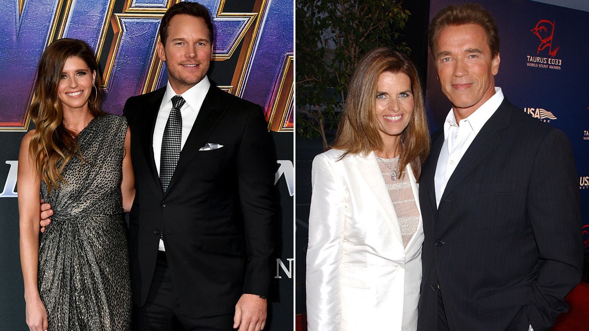 side by side of Katherine and Chris Pratt and Maria Shriver and Arnold Schwarzenegger