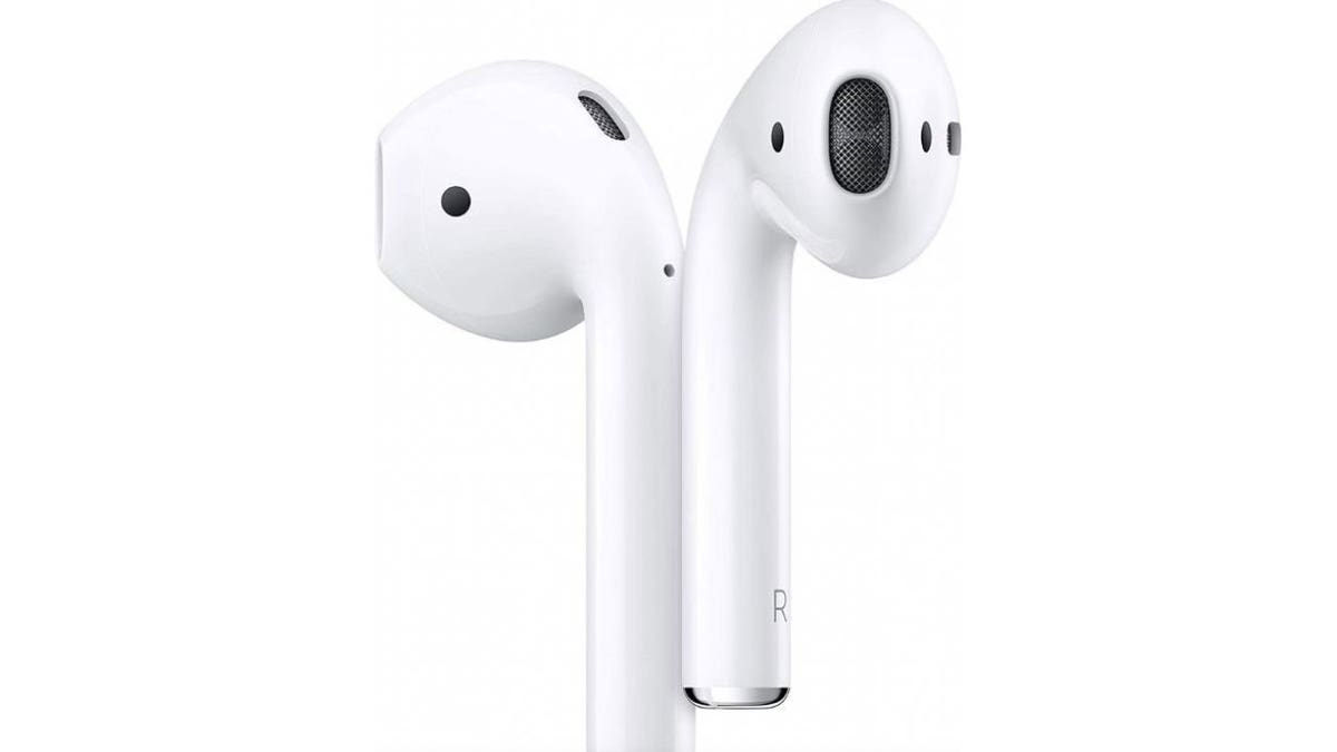 A pair of white Apple Airpods.
