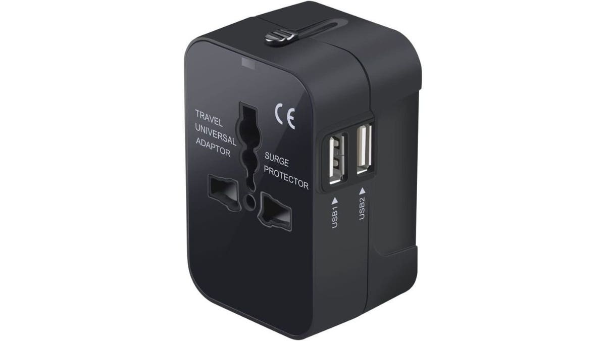 A black Amazon travel adapter.