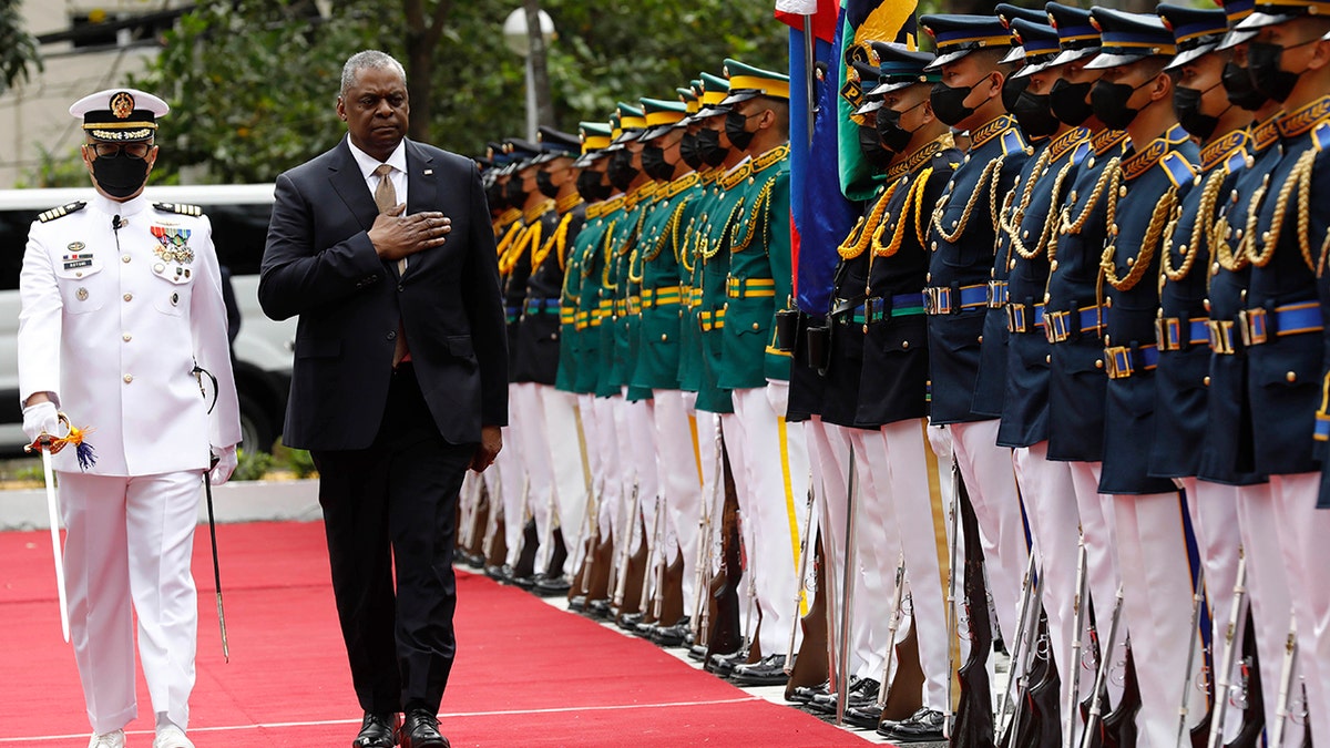 The U.S. Defense Secretary in front of troops