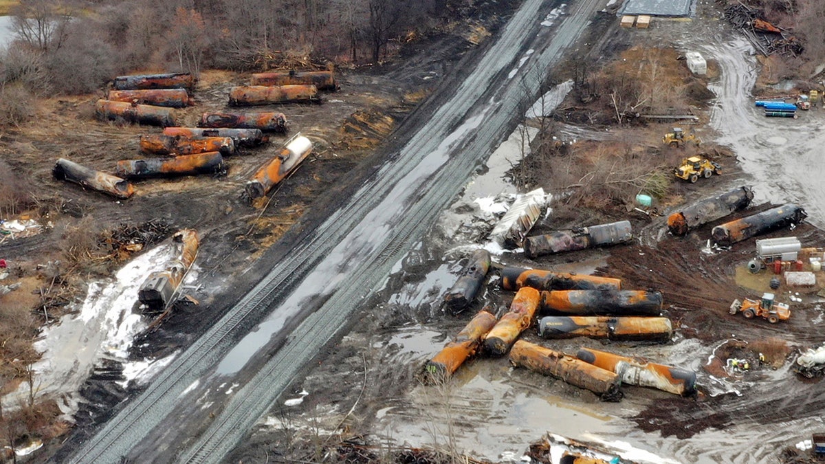 Ohio train derailment clean up aerial view
