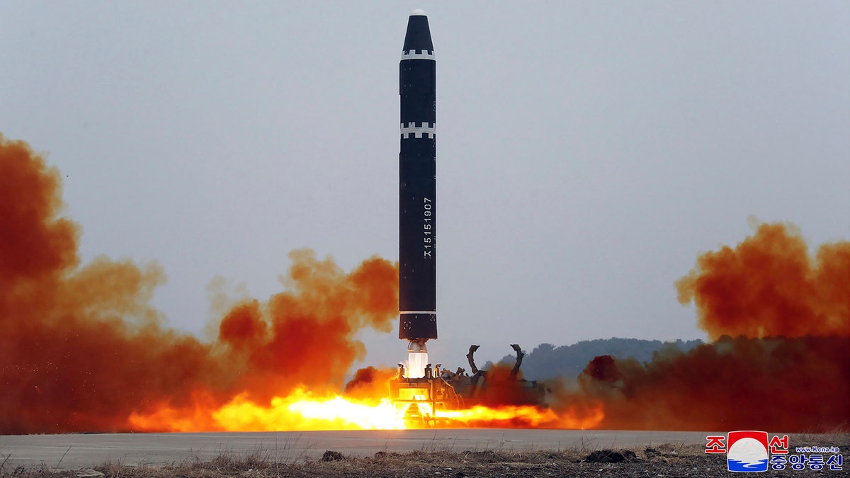 A test launch of a Hwasong-15 intercontinental ballistic missile at Pyongyang International Airport in Pyongyang, North Korea Saturday, Feb. 18, 2023. (Korean Central News Agency/Korea News Service via AP)