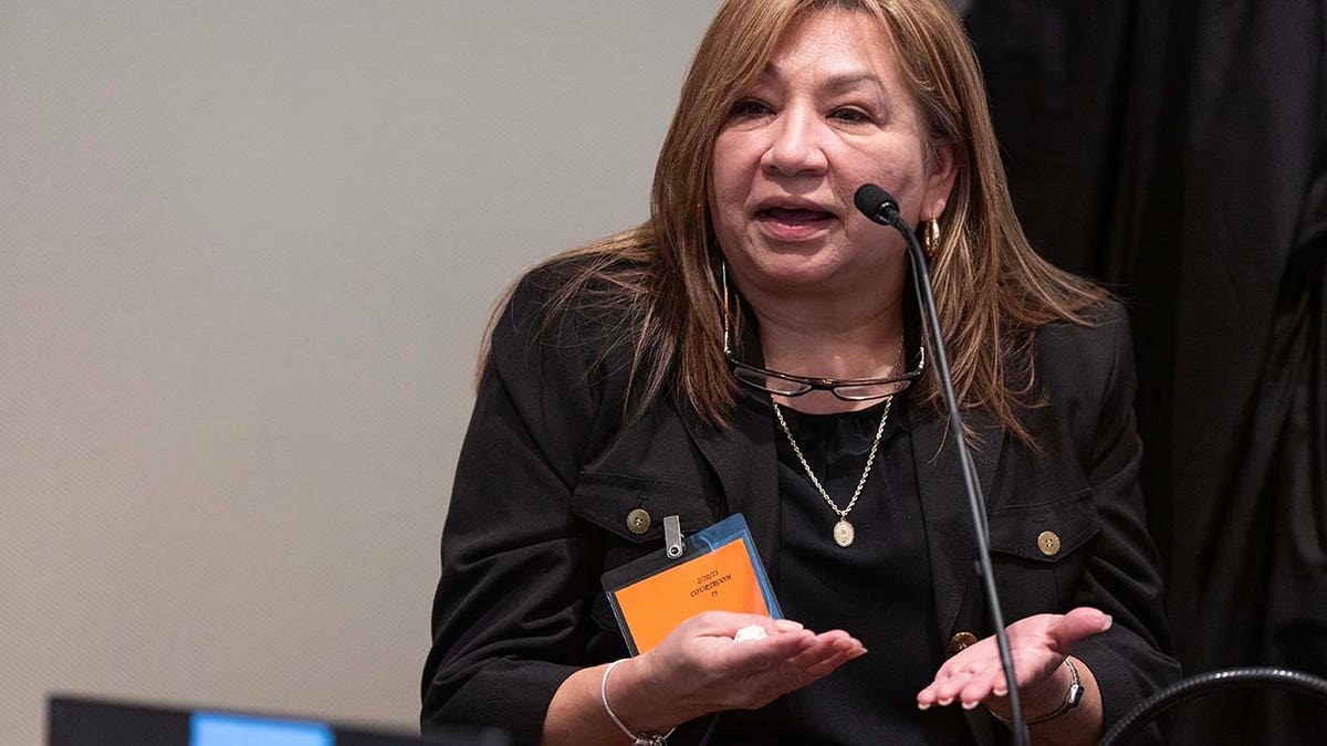 A pistillate testifies connected the witnesser basal successful a courtroom.