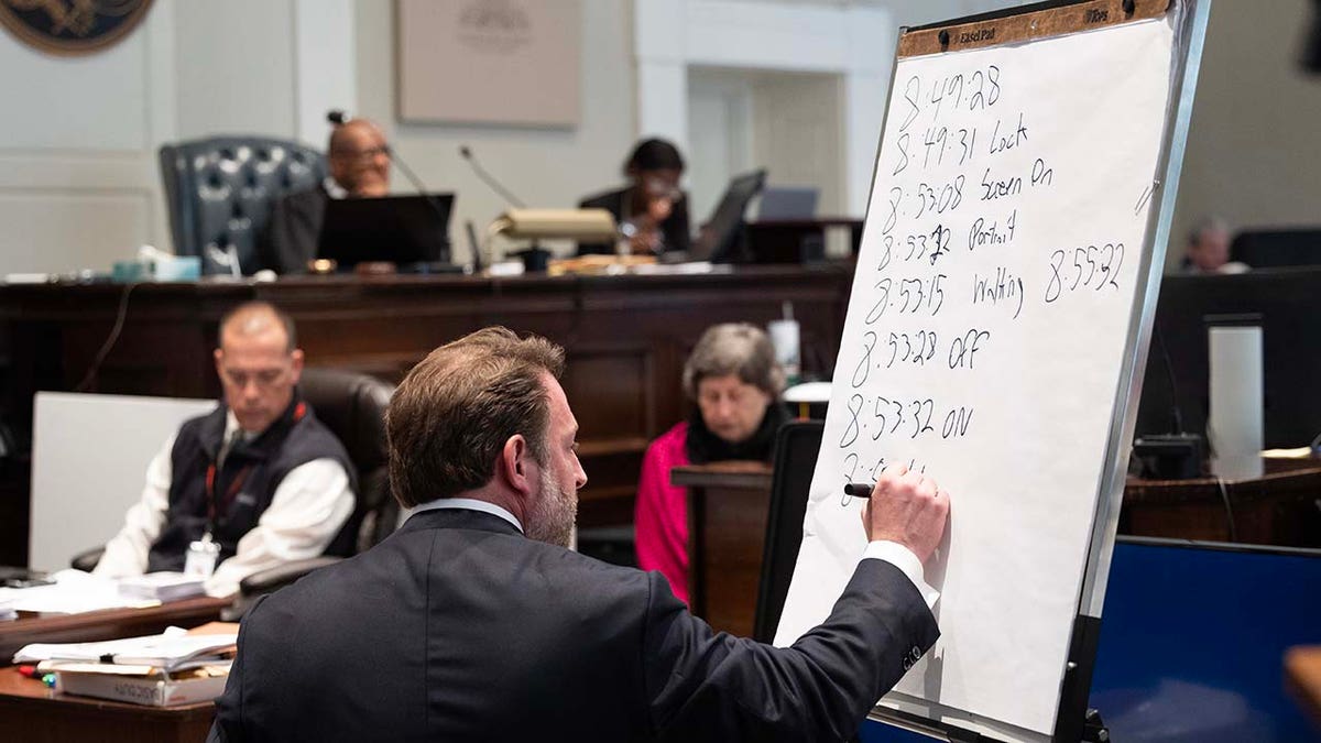 A man writes on a poster inside a courtroom.