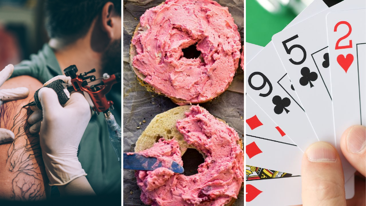 Three-split photo of a person getting a tattoo, pink spread on bagels and a person playing poker.