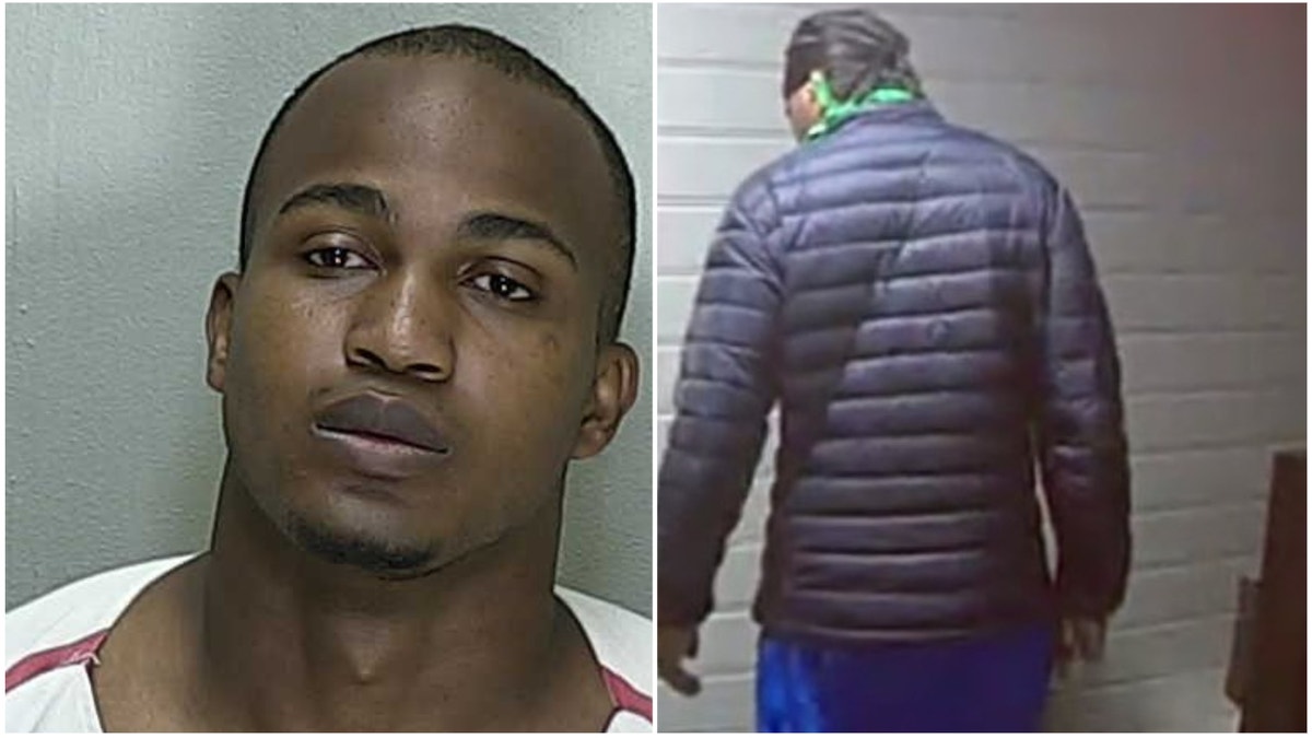 Taquino Williams mugshot, left, from back wearing jacket, right