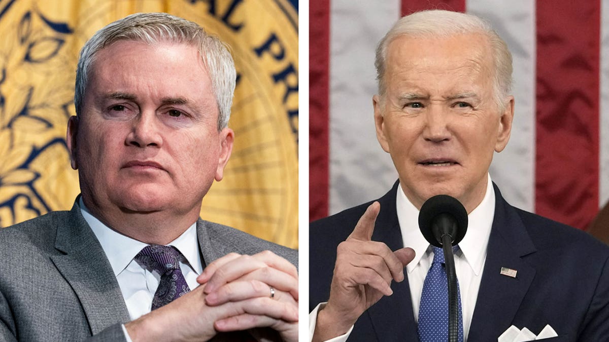 A photo collage of Rep. Comer and President Biden side-by-side.