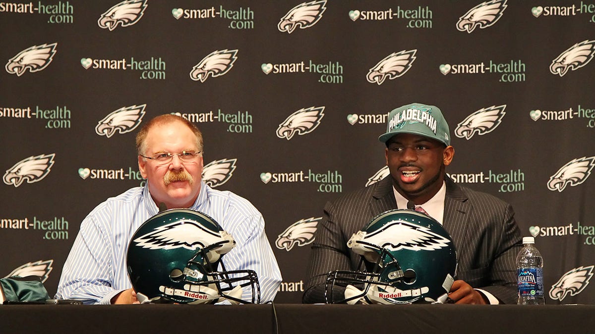 Fletcher Cox at a press conference with Andy Reid