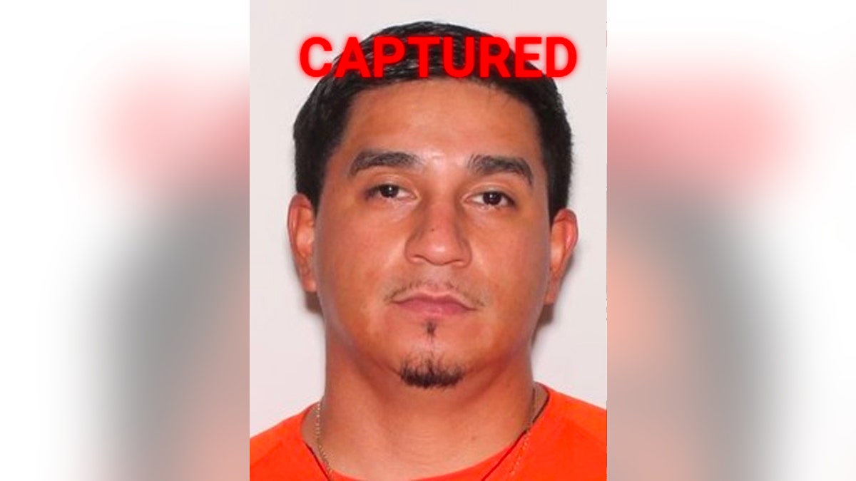 Matthew Flores frowns in mugshot with word "Captured"