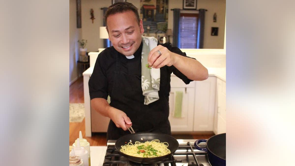 Father Leo Patalinghug cooking spaghetti as part of his effort he calls 'Plating Grace' — making God’s grace desirable, appetizing and digestible.