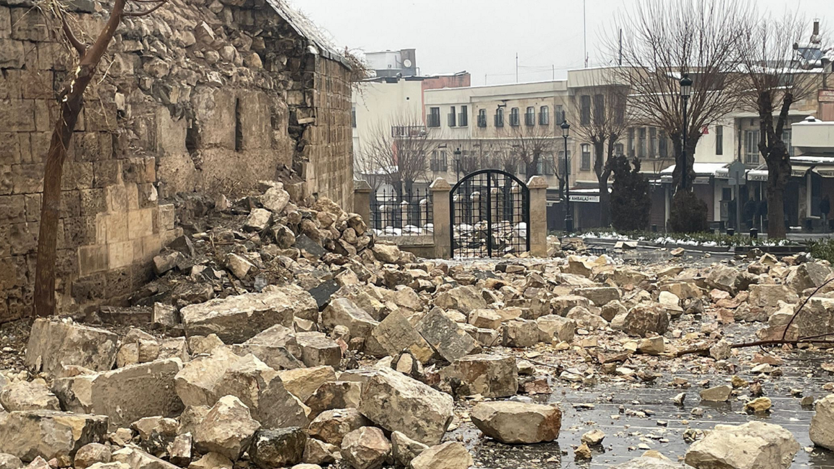 Debris on road after Turkey castle damaged in earthquake