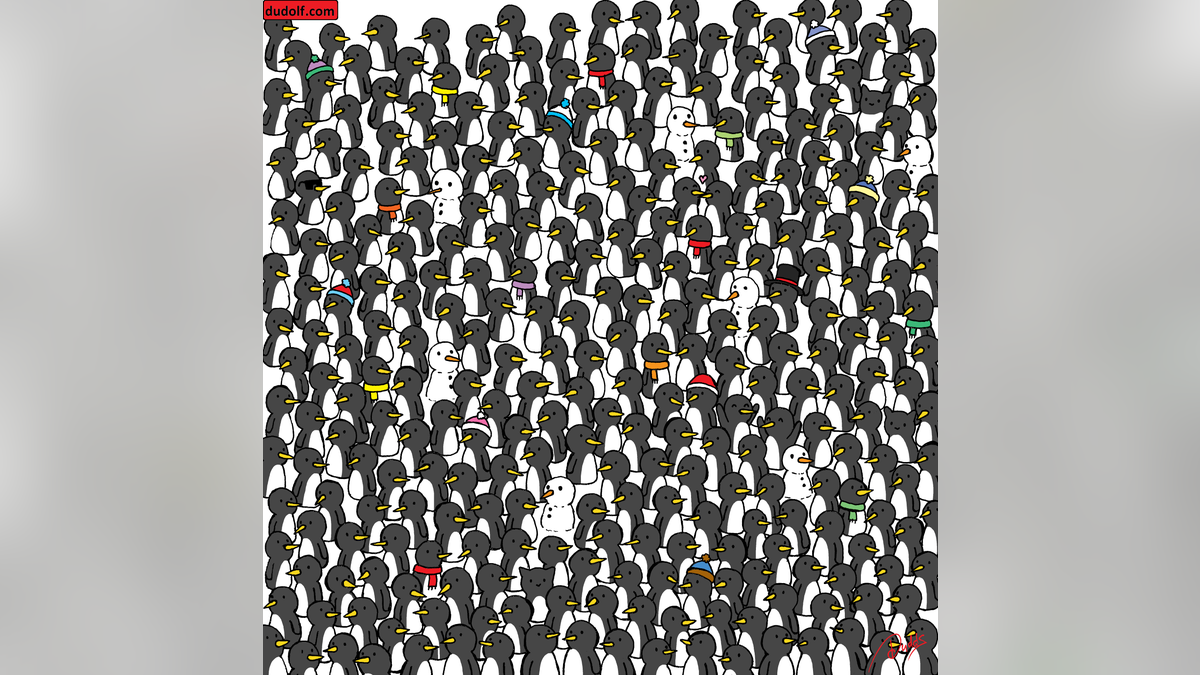 Drawing of a cats hidden in a crowd of penguins