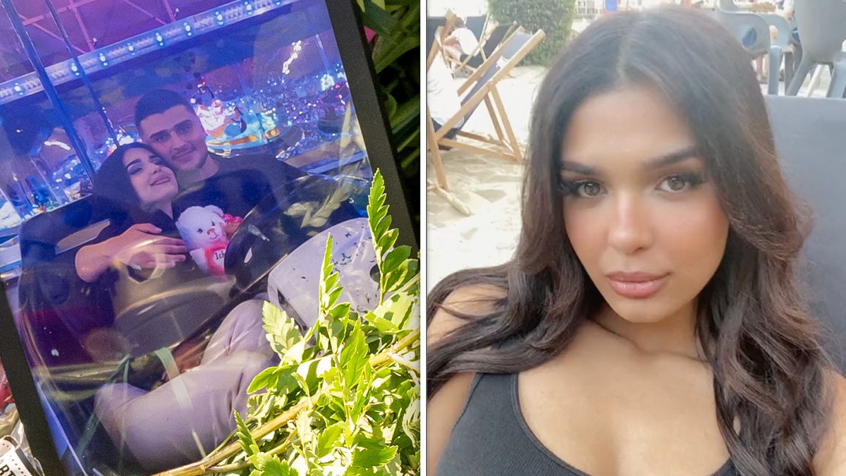 A photo laid atop a makeshift memorial/a woman poses in a selfie